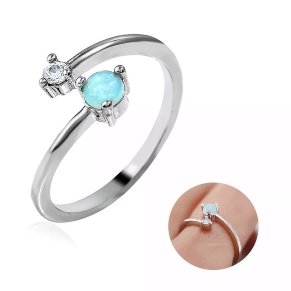 925 Sterling Silver Opal Cubic Zirconia Open Ring - Picture 7 of 8